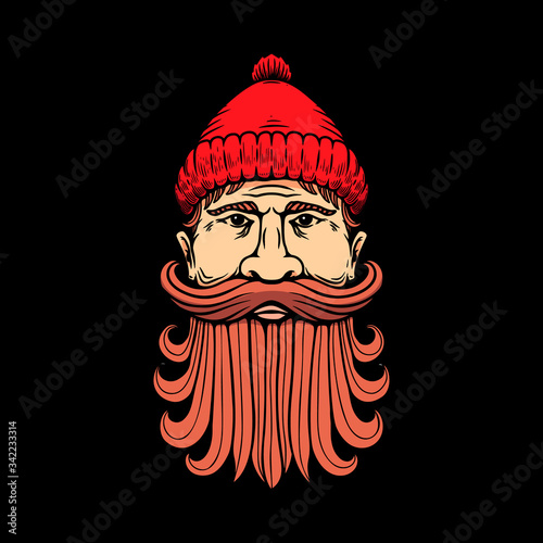 Illustration of lumberjack head in engraving style. Design element for logo, label, emblem, sign, badge. Vector illustration