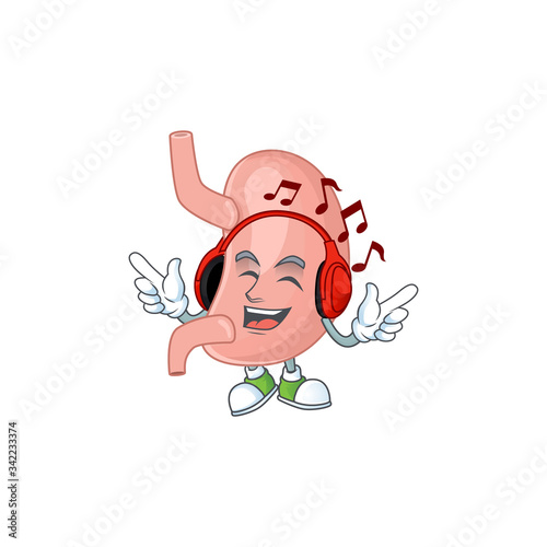 Cartoon mascot design stomach enjoying music with headset