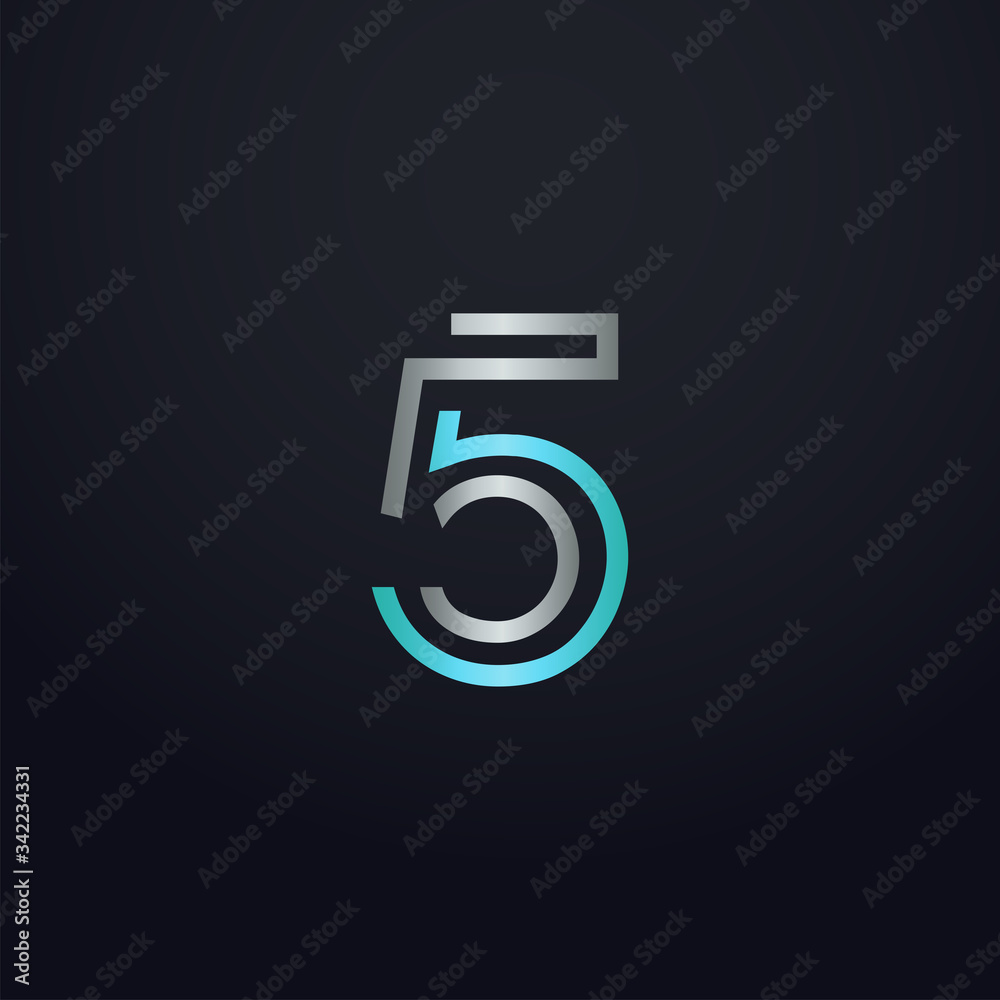 Creative 5 letter with maze linear style. Modern logo symbol for business corporate. Blue and white logo on blue dark background. Square shape, colorful, linked and technology. Unusual design vector. - obrazy, fototapety, plakaty 