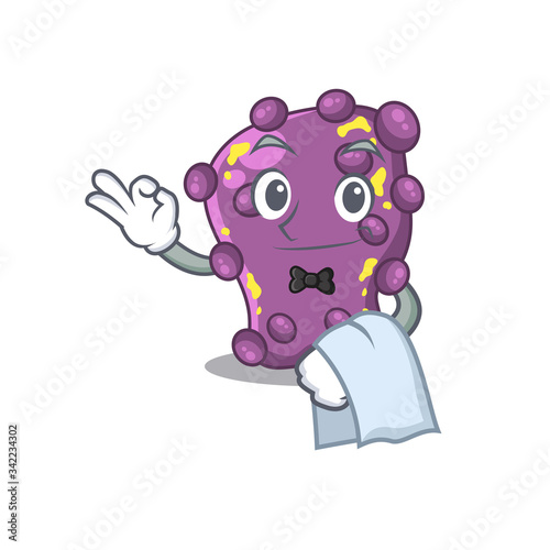 A cartoon character of shigella waiter working in the restaurant