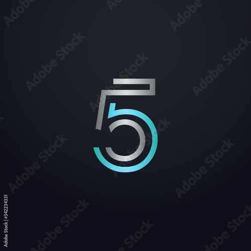 Creative 5 letter with maze linear style. Modern logo symbol for business corporate. Blue and white logo on blue dark background. Square shape, colorful, linked and technology. Unusual design vector.
