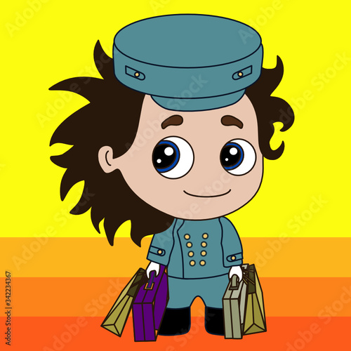 emoji with happy hotel porter or doorman that is wearing standard uniform with jacket and a cap carries in his hands suitcases, simple colored emoticon 

