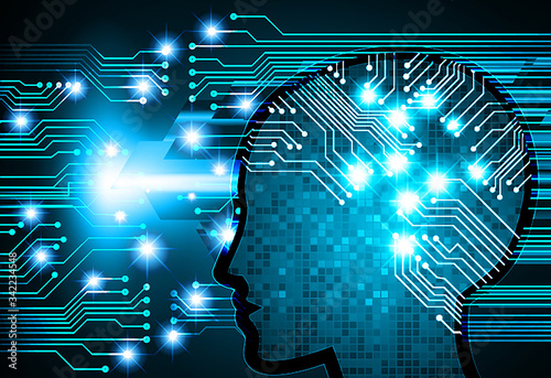 Neon human head. Cpu. blue Circuit board. illustration.Abstract Technology background for computer graphic website internet and business. infographics. Cyber security concept: Lock With Keyhole icon