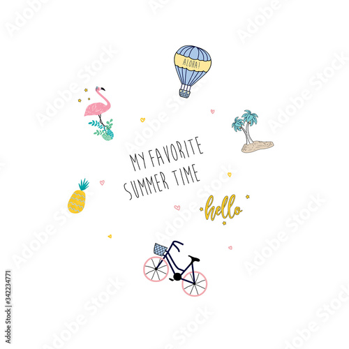 animal flamingo palm balloon bicycle pineapple star heart text line polka tee illustration art vector