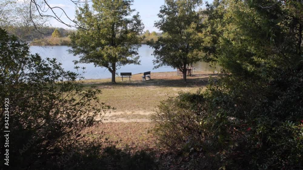 Twin benches beside a peaceful pond. Shot from a distance, as if someone is watching from the bushes... Twin benches beside a peaceful pond. Shot from a distance, as if someone is watching from the bushes...