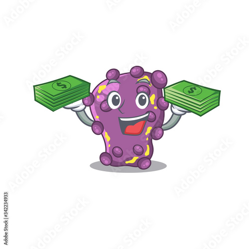 A wealthy shigella cartoon character having money on hands