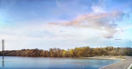 Panoramic view of Kauno Marios Reservoir coast in  spring on sunny day photo
