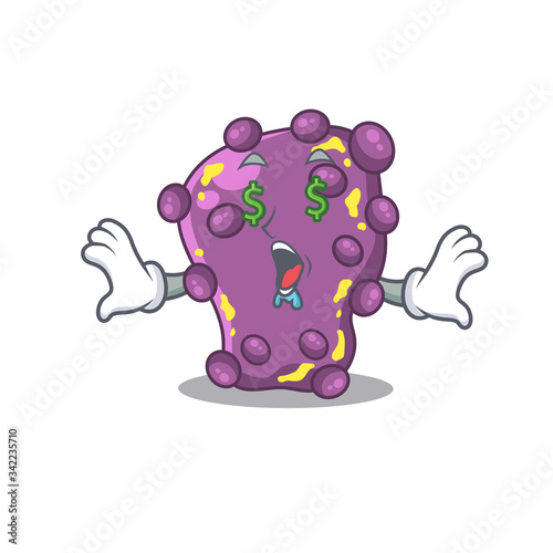 Rich cartoon character design of shigella with money eyes