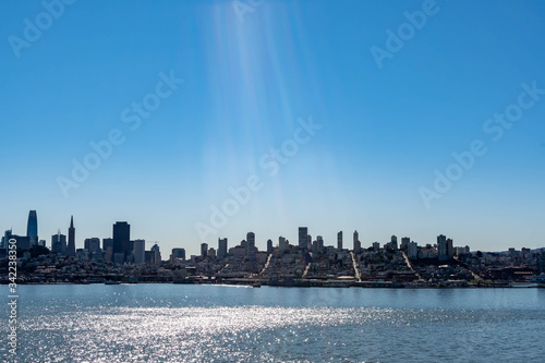 Panorama shot of the San Francisco California Downtown Skyline from Alcatraz viewing deck