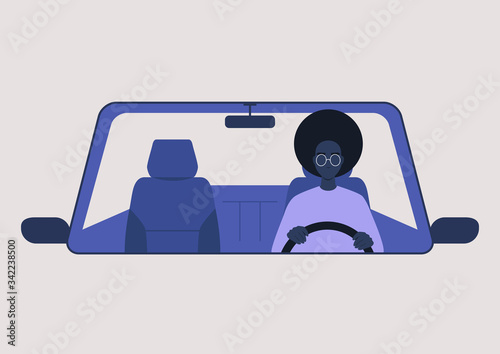Young black female character driving a car, millennial lifestyle