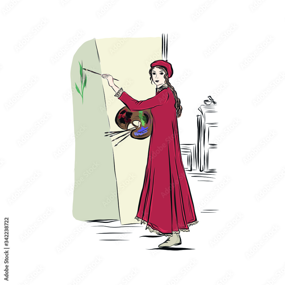 Obraz premium Woman artist paints with brush holding palette with paints. Lady dressed in long dress and beret.