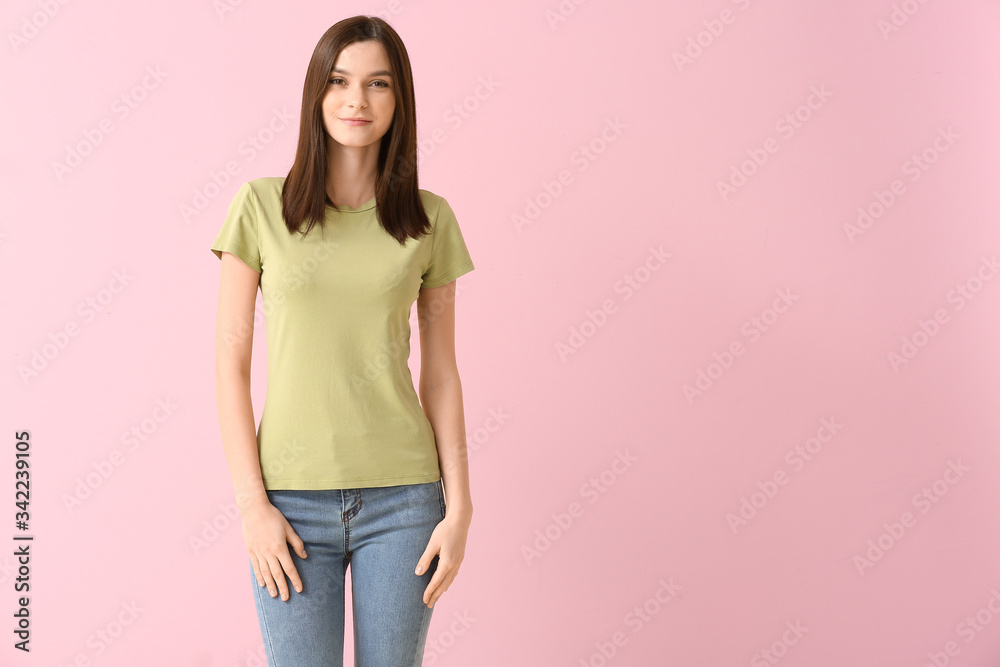 Woman in stylish t-shirt on color background Woman in stylish t-shirt on color background