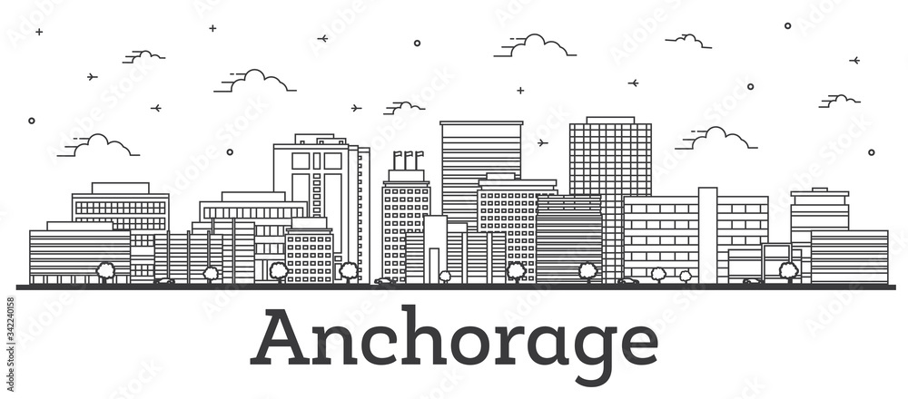 Outline Anchorage Alaska City Skyline with Modern Buildings Isolated on White.