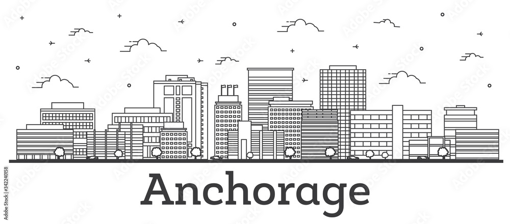 Fototapeta premium Outline Anchorage Alaska City Skyline with Modern Buildings Isolated on White.