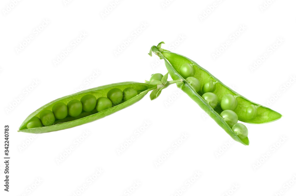 bright green peas in open pods on a white background isolate bright green peas in open pods on a white background isolate
