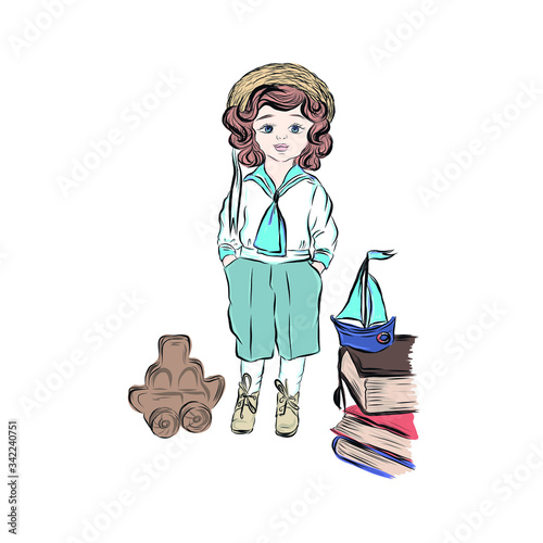 Boy in sailor costume with toys and books. 