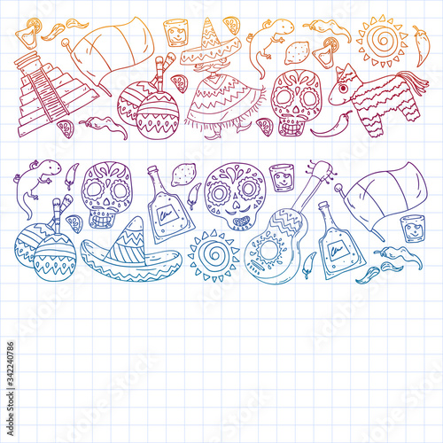Travel to Mexico. Vector set with ethnic elemets for wallpapers, backgrounds. Day of the Dead