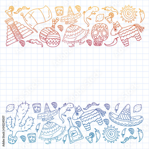 Travel to Mexico. Vector set with ethnic elemets for wallpapers, backgrounds. Day of the Dead