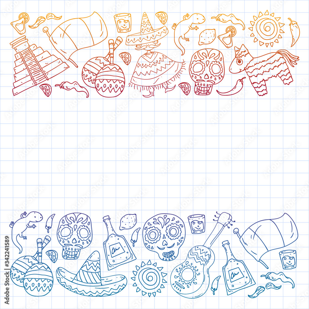 Fototapeta premium Travel to Mexico. Vector set with ethnic elemets for wallpapers, backgrounds. Day of the Dead