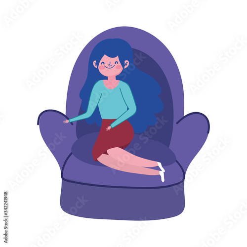 smiling woman sitting in sofa isolated icon on white background