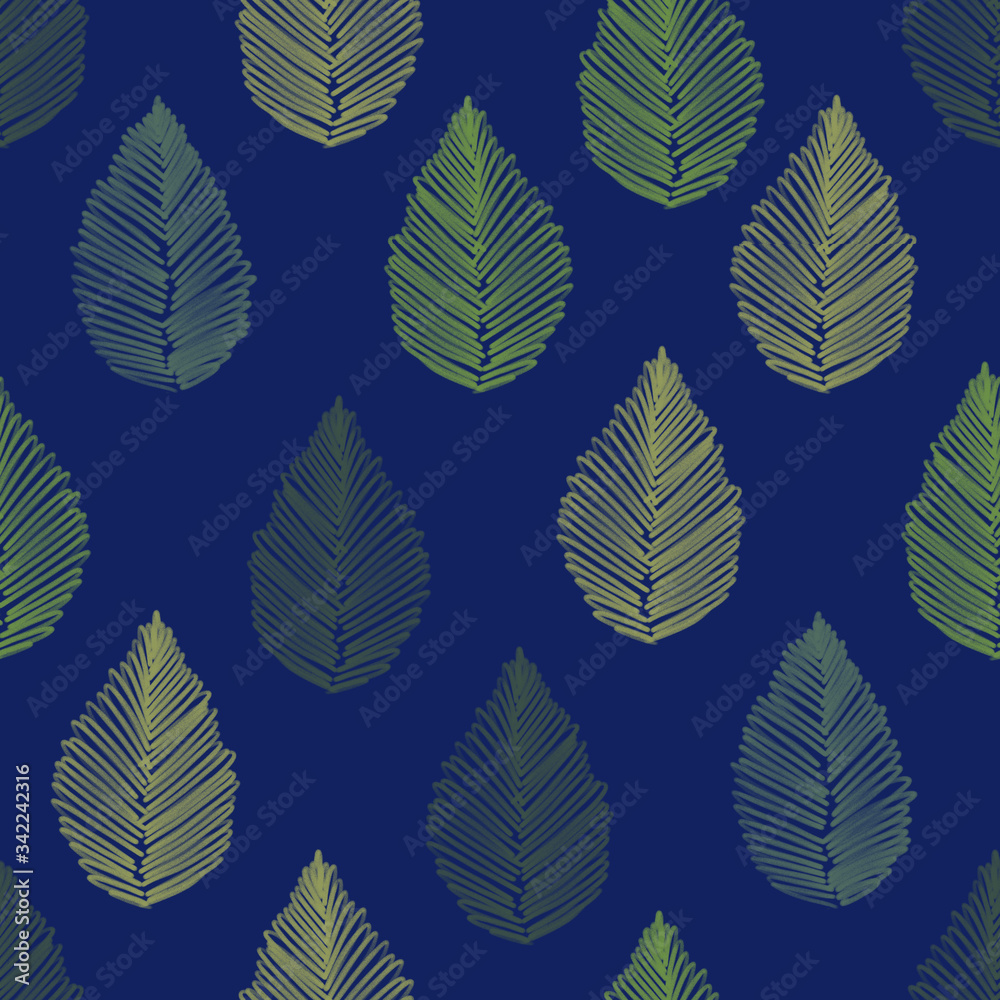 Seamless pattern of rose leaves drawn in hatching technique in vibrant colors Seamless pattern of rose leaves drawn in hatching technique in vibrant colors