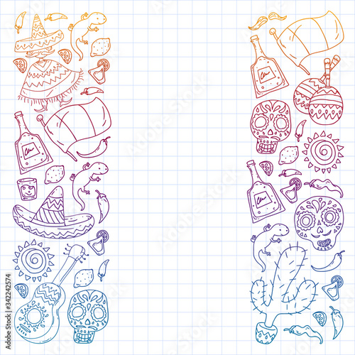 Travel to Mexico. Vector set with ethnic elemets for wallpapers, backgrounds. Day of the Dead