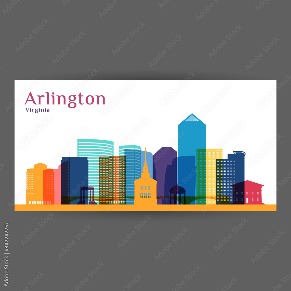 Arlington city, Virginia architecture silhouette. Colorful skyline. City flat design. Vector business card.