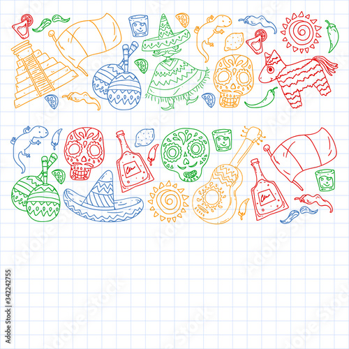 Travel to Mexico. Vector set with ethnic elemets for wallpapers, backgrounds. Day of the Dead