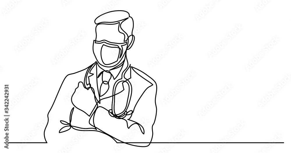 continuous line drawing of doctor in protective mask and gloves with stethoscope