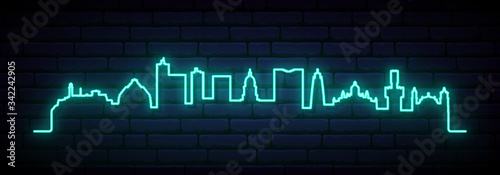 Blue neon skyline of Havana city. Bright Havana long banner. Vector illustration.