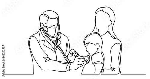 continuous line drawing of doctor in protective mask checking child with stethoscope