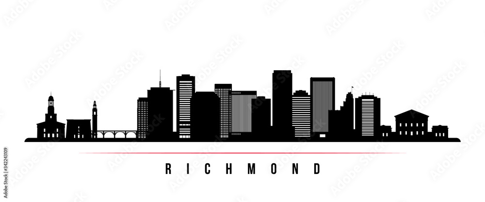 Richmond skyline horizontal banner. Black and white silhouette of Richmond, Virginia. Vector template for your design.