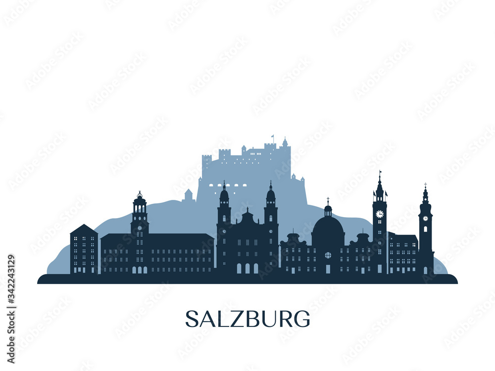Naklejka premium Panoramę Salzburga, monochromatyczna sylwetka. Ilustracji wektorowych.