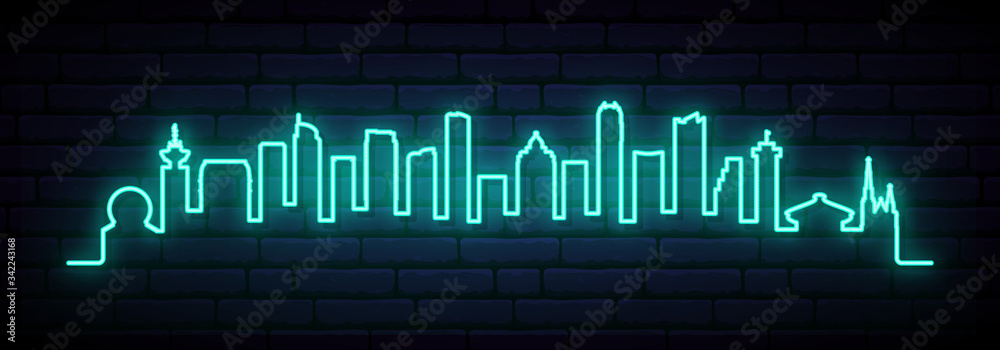 Blue neon skyline of Vancouver city. Bright Vancouver long banner. Vector illustration. Blue neon skyline of Vancouver city. Bright Vancouver long banner. Vector illustration.