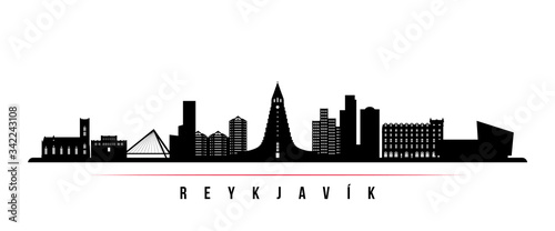 Reykjavik skyline horizontal banner. Black and white silhouette of Reykjavik, Iceland. Vector template for your design.