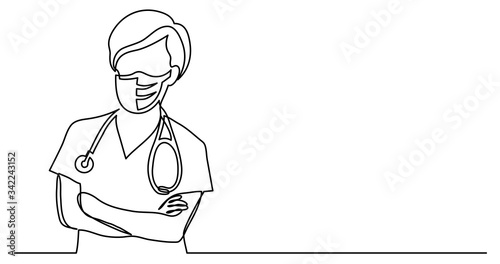 continuous line drawing of nurse in protective mask with stethoscope