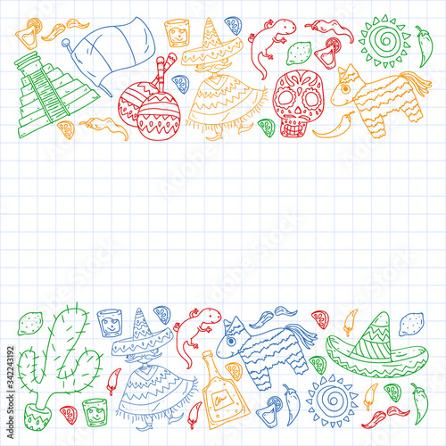 Travel to Mexico. Vector set with ethnic elemets for wallpapers, backgrounds. Day of the Dead