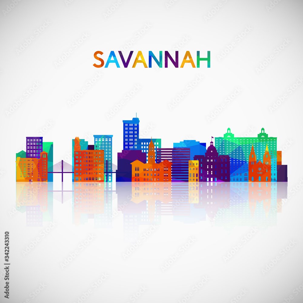 Savannah skyline silhouette in colorful geometric style. Symbol for your design. Vector illustration.