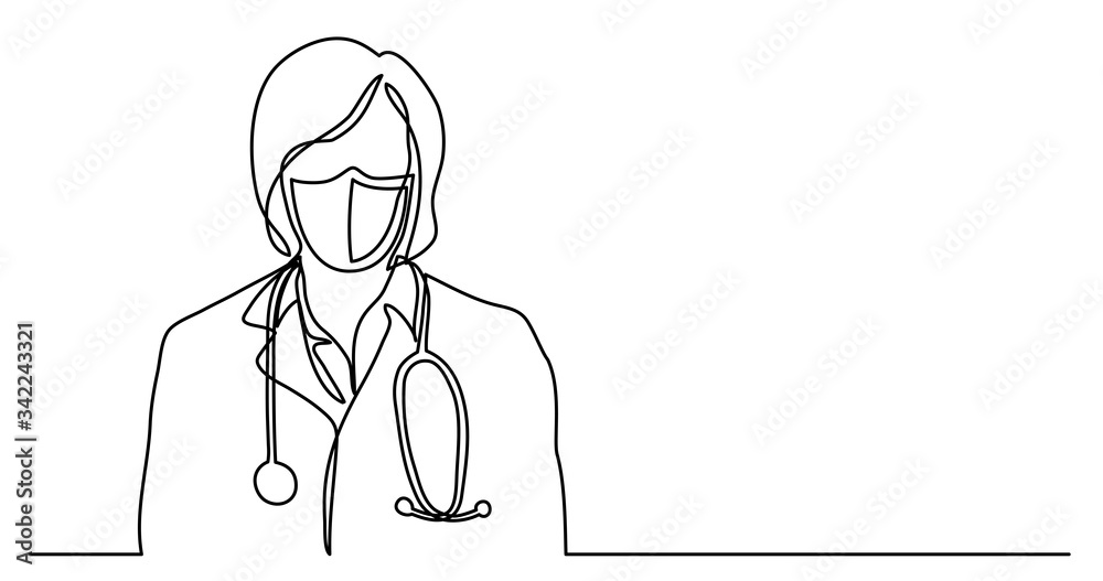continuous line drawing of woman doctor portrait in protective mask continuous line drawing of woman doctor portrait in protective mask