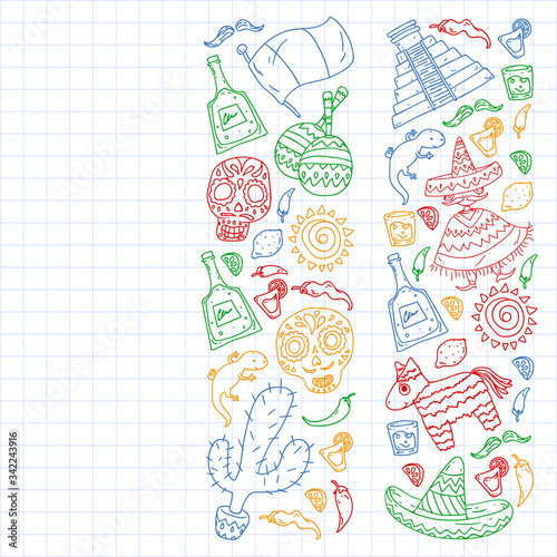 Travel to Mexico. Vector set with ethnic elemets for wallpapers, backgrounds. Day of the Dead
