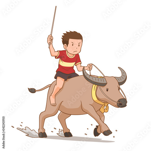 Cartoon character of boy riding buffalo in buffalo racing festival.