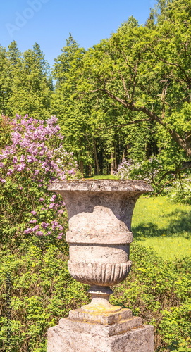 Antique decorative stone vase in park