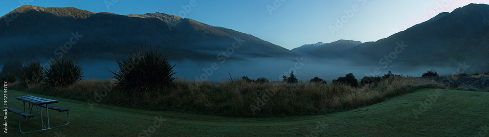 Sunrise in Cameron Flat Campsite in Otago on South Island of New Zealand
