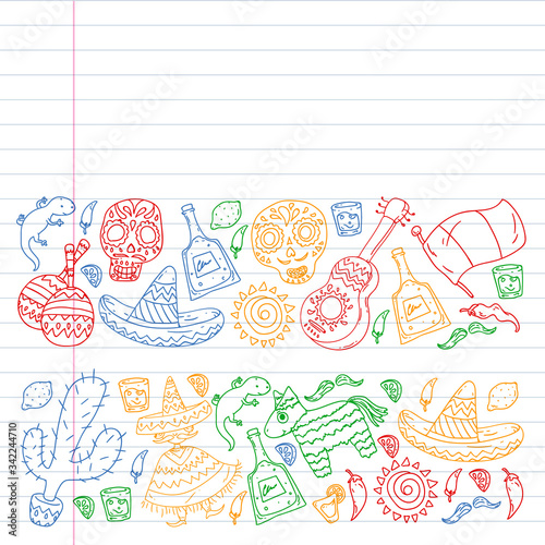 Travel to Mexico. Vector set with ethnic elemets for wallpapers, backgrounds. Day of the Dead