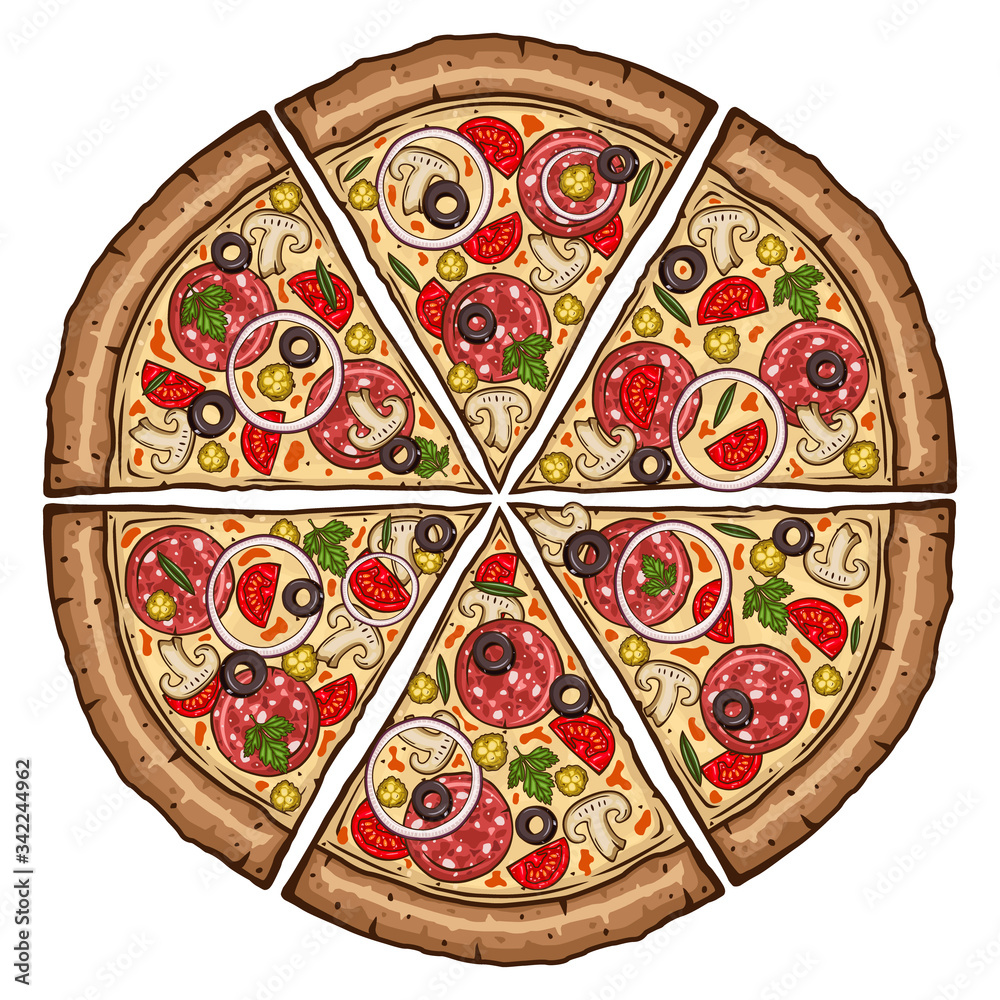 Pizza top view. Cartoon vector food illustration isolated on white background.