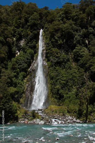 Thunder Creek Falls at Haast River in West Coast on South Island of New Zealand 
