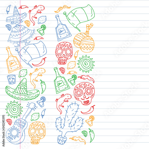 Travel to Mexico. Vector set with ethnic elemets for wallpapers, backgrounds. Day of the Dead