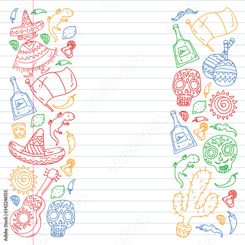 Travel to Mexico. Vector set with ethnic elemets for wallpapers, backgrounds. Day of the Dead