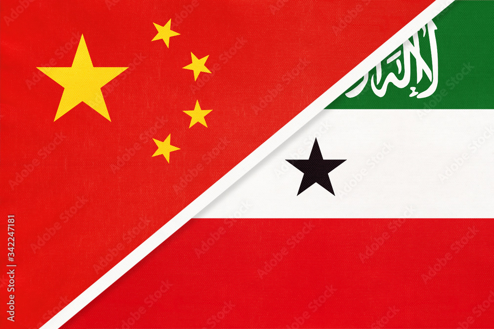China or PRC vs Somaliland national flag from textile. Relationship between Asian and African countries. China or PRC vs Somaliland national flag from textile. Relationship between Asian and African countries.