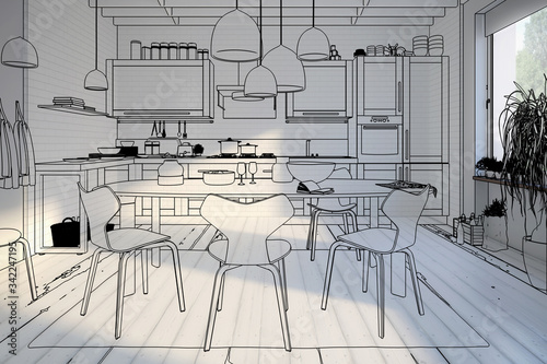 Modern Kitchen Arean with Dining Room Integration (drawing) - 3d visualization photo